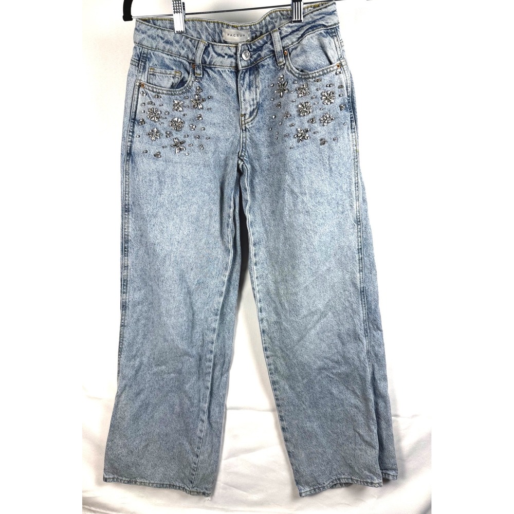 PacSun Women 23 Casey Low Rise Baggy Wide Leg Rhinestone Gem Acid Wash Jeans Y2K